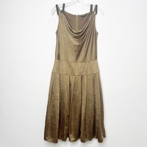 Adrianna Pappell Gold Bronze Beaded Pleated Skirt Dress Size 10